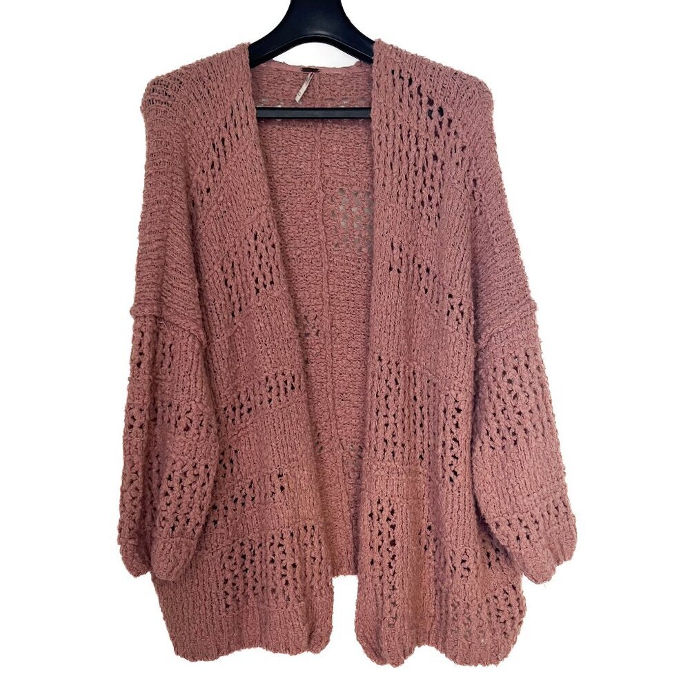 Free People Mauve Chunky Wool Blend Knit Cardigan Boho Soft Girl Cottagecore - Picture 2 of 9